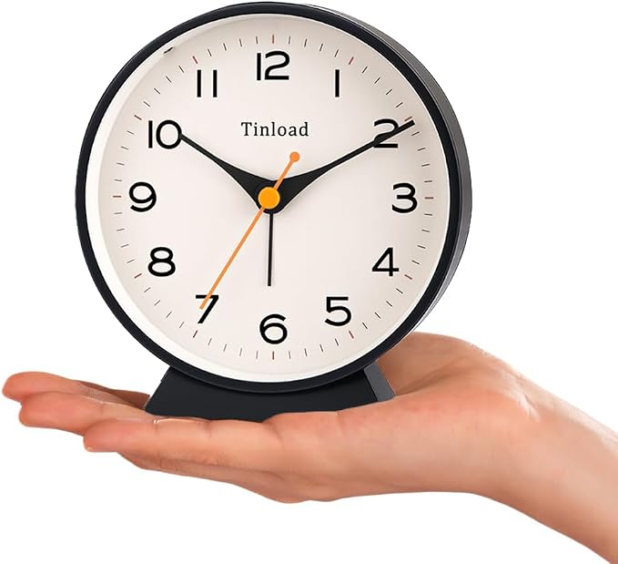 Tinload 4.5" Battery Operated Retro Analog Alarm Clock, Small Silent Bedside Desk Clock,Lighted on Demand, Battery Operated, Snooze, for Living Room, Bedroom, Bedside, Desk(Black)