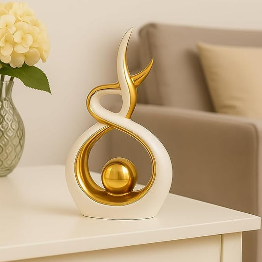 White & Gold Abstract Ceramic Ornament – Modern Decorative Sculpture for Living Room, Shelf & Coffee Table Décor – Minimalist Home Accent, Table Centerpiece Gift for Home Lovers