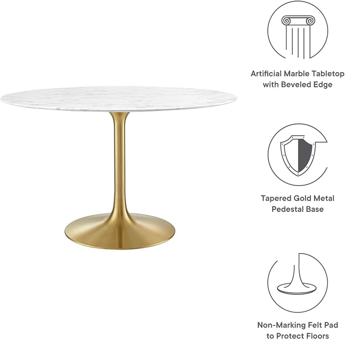Modway Lippa 47" Mid-Century Dining Table with Round Artificial Marble Top in Gold White