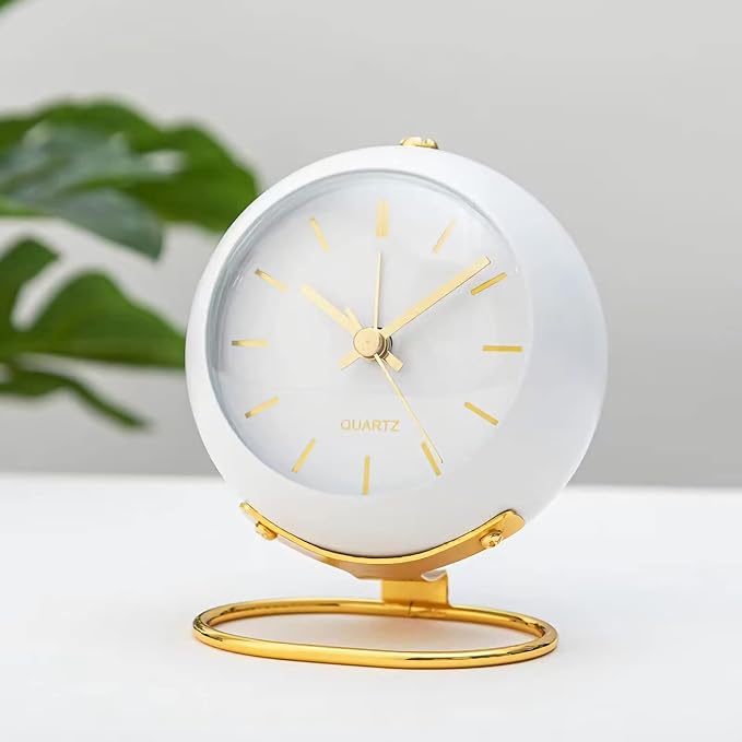 SHISEDECO Small Tableclocks Classic Non-Ticking Tabletop Alarm Clock with Night Light, Battery Operated Deskclock with HD Glass for Living Room Bedroom Bedside Indoor Decor (RN-White)