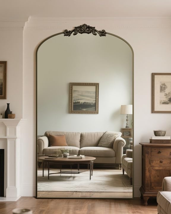 Antok Arched Full Length Mirror, 81"x41" Floor Mirror with Carved, Full Body Mirrors for HomeDecor, Standing/Halling Large Wall Mirror for Bedroom, Living Room, Cloakroom, Bronze, Retro Style