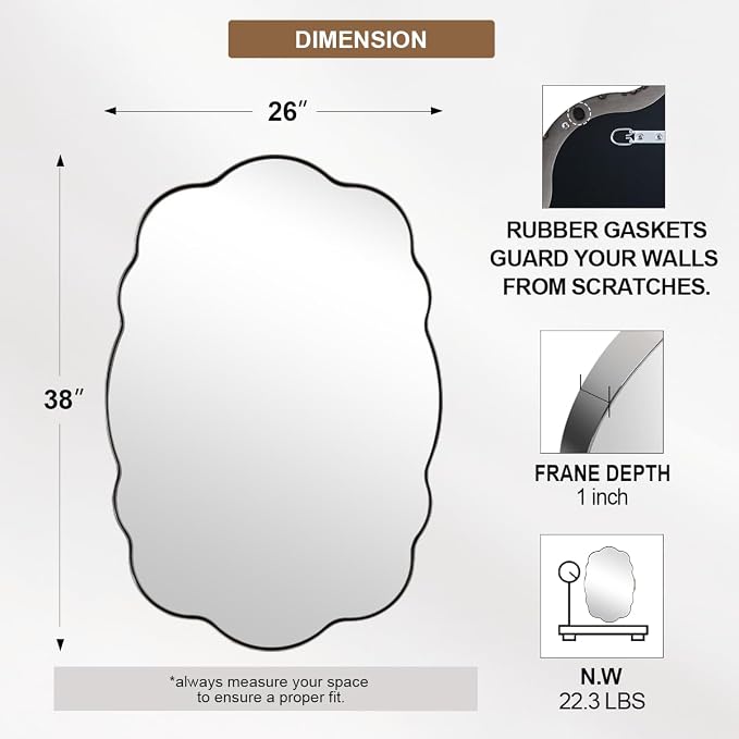 ANDY STAR Chrome Wavy Oval Bathroom Mirror - 26x38 Inch Polished Scalloped Bathroom Mirror, Unique Irregular Design with Heavy Duty SUS Metal Frame