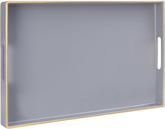 MAONAME Gray Serving Tray with Handles, Modern Grey Decorative Tray for Coffee Table, Plastic Rectangular Gray Trays for Ottoman, Bathroom, Decor, 15.8” x 10.2” x 1.4"