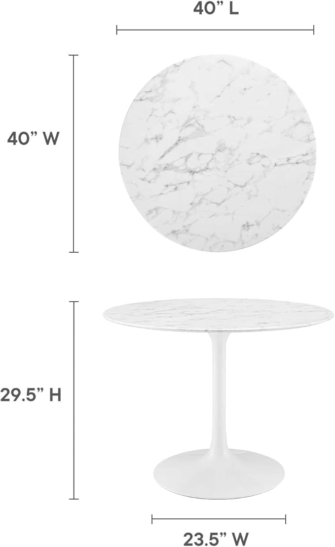 Modway Lippa 40" Mid-Century Dining Table with Round Artificial Marble Top in White