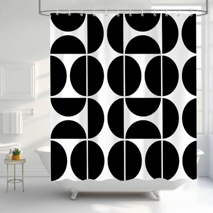 Black and White Mid Century Modern Shower Curtain, Boho Abstract Geometric Retro Art Bath Curtains For Bathroom, Colorful Unique Pattern Waterproof Polyester Fabric Bathroom Set 12 Hooks 60X72IN