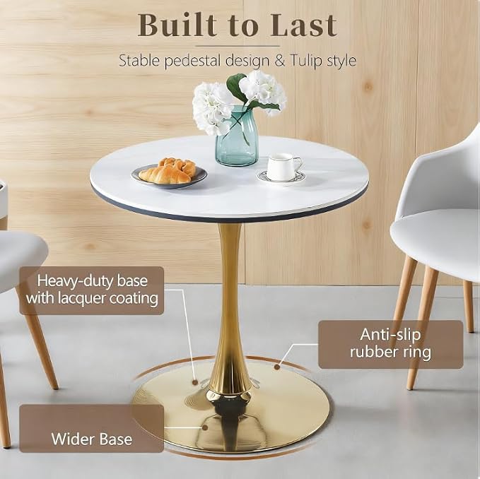 31.5" Marble Round Dining Table, Modern White and Gold Tulip Kitchen Table with Marble Tabletop & Sturdy Pedestal Base, Tulip Shape Table for Small Places, Living Room, Office, Cafe