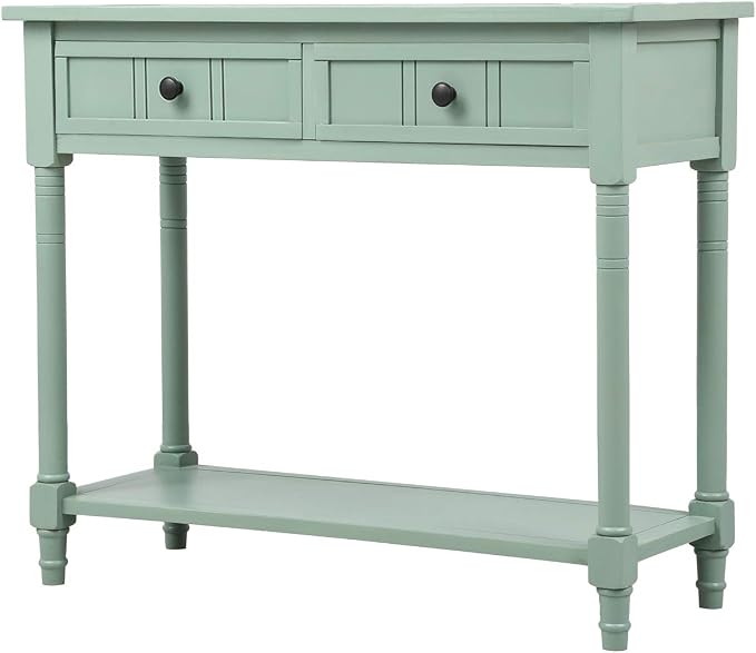 35.43” Console Table with Drawers & Bottom Open Shelf, Rustic Entryway Table with Storage, Retro Blue