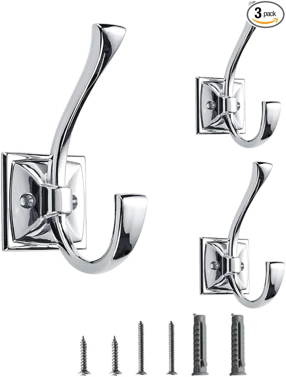 3 Pack Decorative Heavy Duty Towel Hooks for Hanging Robe Double Polished Chrome Coat Hooks Wall Mounted with Screws for Key, Towel, Bags, Cup, Hat