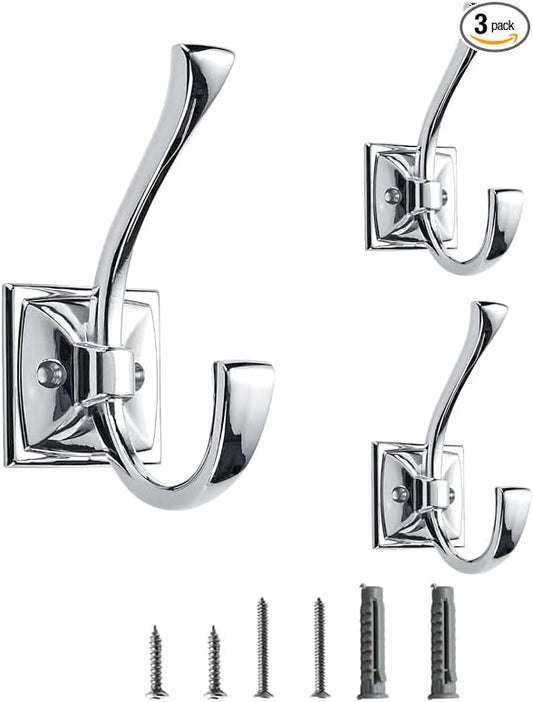 3 Pack Decorative Heavy Duty Towel Hooks for Hanging Robe Double Polished Chrome Coat Hooks Wall Mounted with Screws for Key, Towel, Bags, Cup, Hat