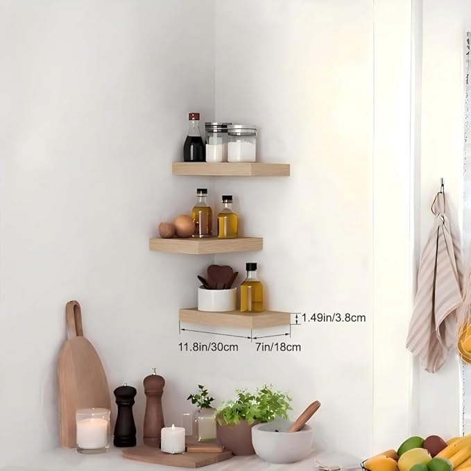 Bathroom Floating Shelves for Wall, Oak Small 11.8" Floating Shelf for Storage, Display Shelf and Farmhouse Rustic Home Decor, Ideal Over Toilet for Bedroom, Kitchen or Living Room, 3-Pack