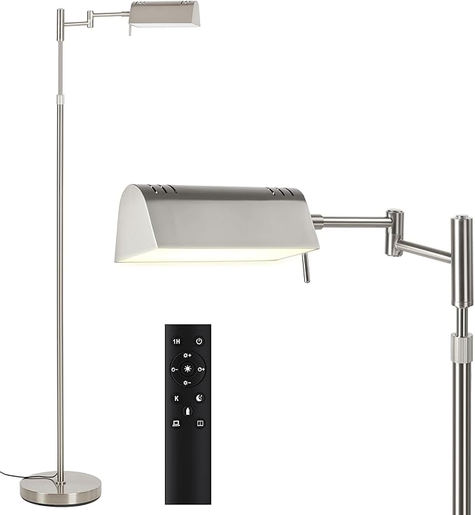 SUNMORY Dimmable LED Pharmacy Floor Lamp, 16W/1500LM Bright Reading Floor Lamp with Remote & Touch Control, 350°Swing Arm, Adjustable Task Craft Standing Lamp for Living Room Bedroom Office, Nickel