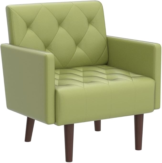 Faux Leather Accent Chair Modern PU Armchair, Retro Tufted Upholstered Arm Chair, Comfy Leather Club Chair Single Sofa for Living Room, Bedroom, Reading Room, Apartment(Green)