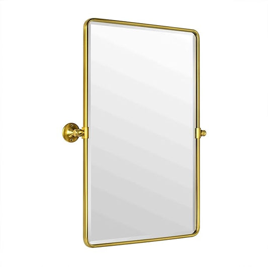 TEHOME 20x30'' Pivot Rectangle Bathroom Vanity Mirror Brushed Gold Rounded Corner Metal Framed Tilting Beveled Vanity Wall Mirrors