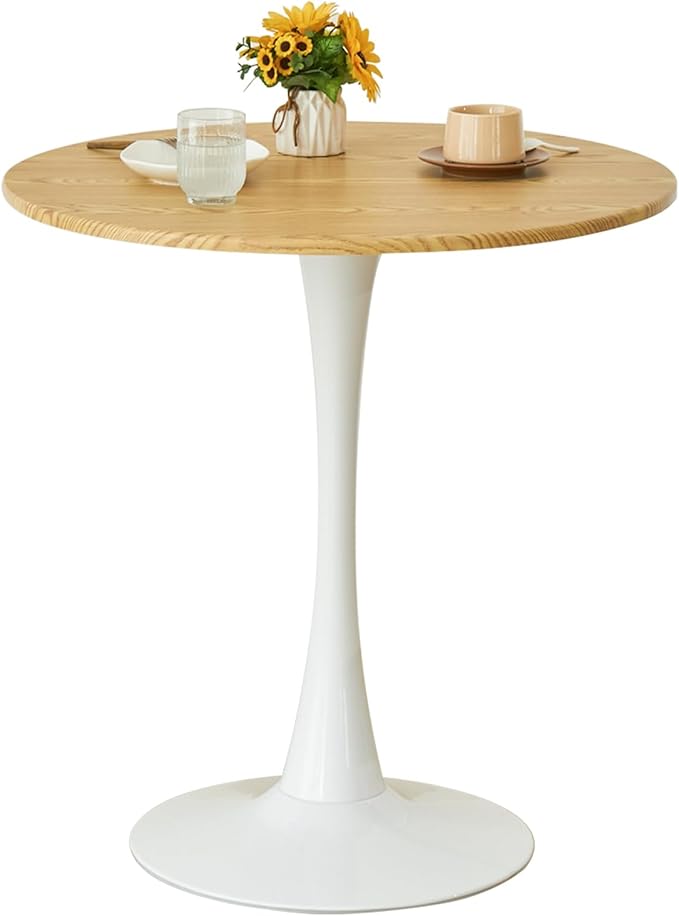 Round Dining Tulip Table for 2, Mid-Century Modern Table with Sturdy Metal Pedestal for Kitchen, Bistro, Cafe, Leisure (Faux Oak, 24 INCH)