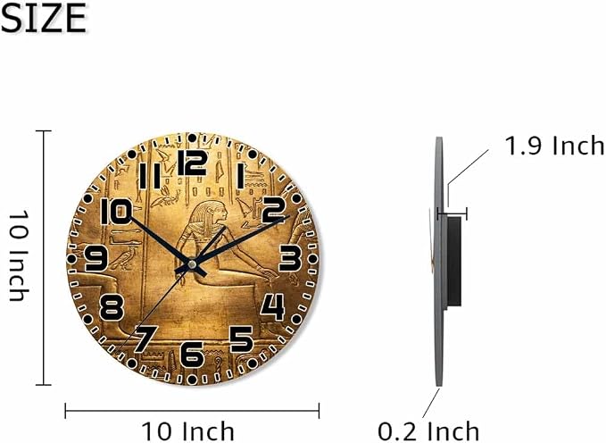 Egyptian Hieroglyphics Wall Clock Ancient Golden Art Historical Civilization Battery Powered Wall Clock Silent Non Ticking 10 Inch for Living Room, Kitchen, Home,Bathroom, Bedroom