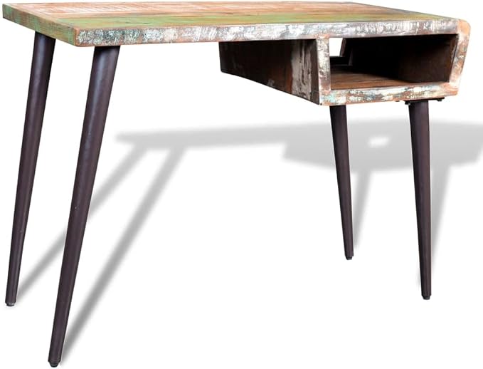 Reclaimed Wood Desk with Iron Legs, Solid Wood Table, Compact Design with Storage Compartment, Suitable for Office, Home, Gaming, Standing Workstation, Modern Writing Table
