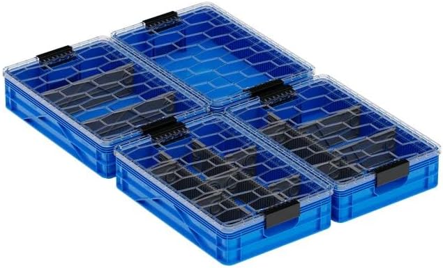 SIDIO Quarter Crate 4 Pack of Stackable Storage Bins - Organizer Bins with Dividers for Garage Organization, Home Storage - Heavy Duty Plastic Containers - 19.16” x 12.75”x 4.57” (SidioBlue)