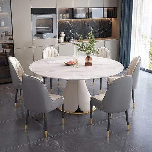 59'' Round Marble Dining Table Set with 6 Chairs for 6-8, Kitchen Table, Dining Room Table Set Petal Pu Leather & Metal Base