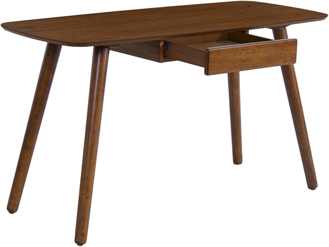 Hassyee Mid-Century Modern Style Writing Desk with Large Drawers, Computer Study Desk with Solid Rubberwood Legs for Home Office Workspace or Entryway (Walnut)