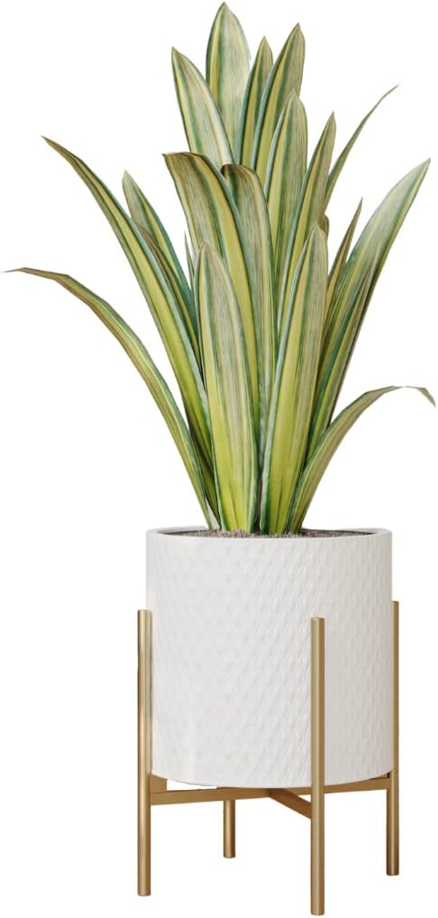 EverNest Claire Mid-Century Modern White Planter and Stand, Indoor Plant Pot, SelectBase, Minimalist Aesthetic, Home Decor for Plants - (Gold Base, Large)