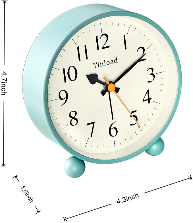 Tinload 4.5" Vintage Retro Analog Alarm Clock, Super Silent Non Ticking Small Clock with Manual Light, Snooze, Battery Operated, for Living Room, Bedroom, Bedside, Desk(Green)