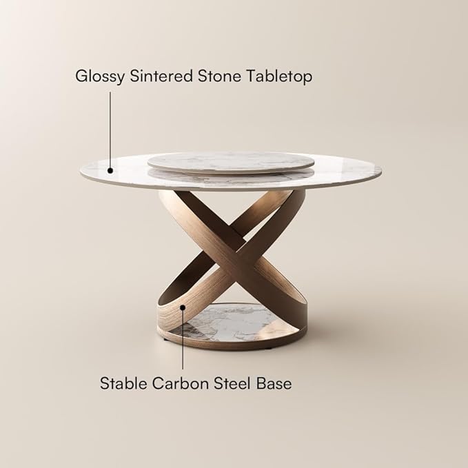 POVISON 51" Modern Round Dining Table with Lazy Susan, White Round Kitchen Table for 4, Sintered Stone Dining Room Table top with Bronze X Carbon Steel Base (Dining Table Only)