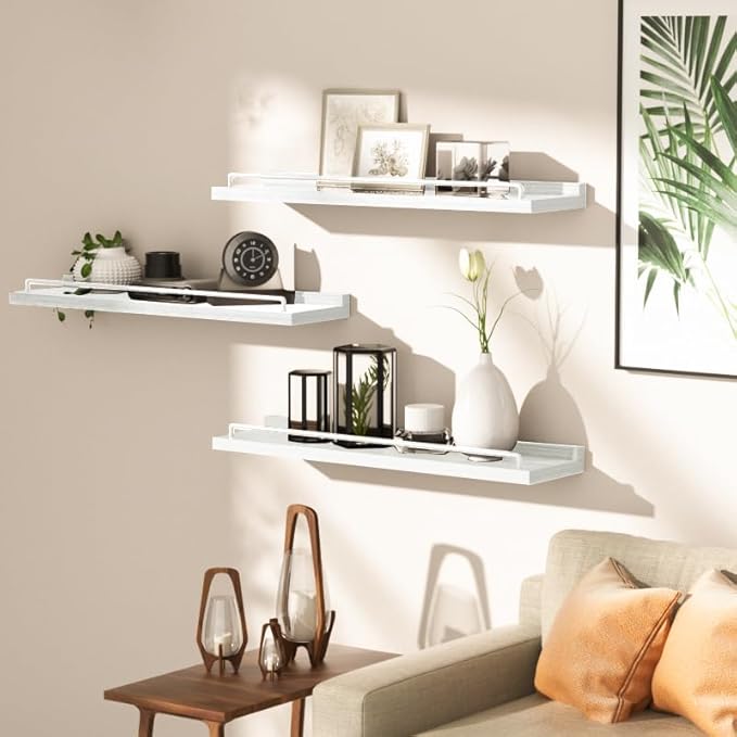 22 inches Long Floating Shelves, Bathroom Decor Shelves Over Toilet, Farmhouse Wall Shelves for Living Room, Bedroom, Picture Frames, Plants, Kitchen, Set of 3 (White)