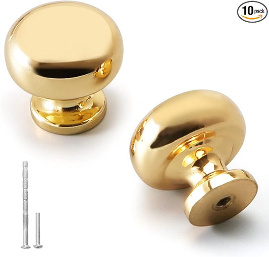 YAGU 10 Pack Polished Brass Kitchen Cabinet Knobs 1-1/8 Inch Round Solid Dresser Drawer Knob Unlacquered Gold Modern Furniture Shiny Pulls and Bright Handles Hardware for Closet Cupboard Wardrobe
