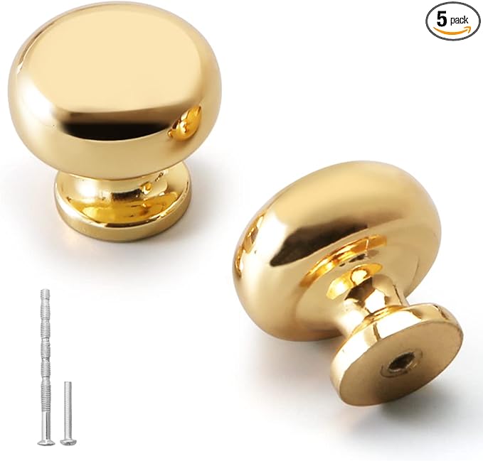 YAGU Modern Solid Cabinet Knobs, 5 Pack Bright Gold, Kitchen Drawer Knob Dresser Polished Brass Hardware Cupboard Bathroom Furniture Closet Pulls