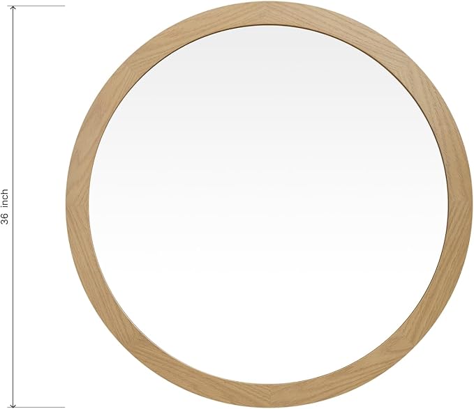ARIEL Round Wooden Mirror 36" in Natural Oak, Wood Circle Wall Mirror for Bathroom, Vanity, Entryway & Living Room Decor, Farmhouse Style