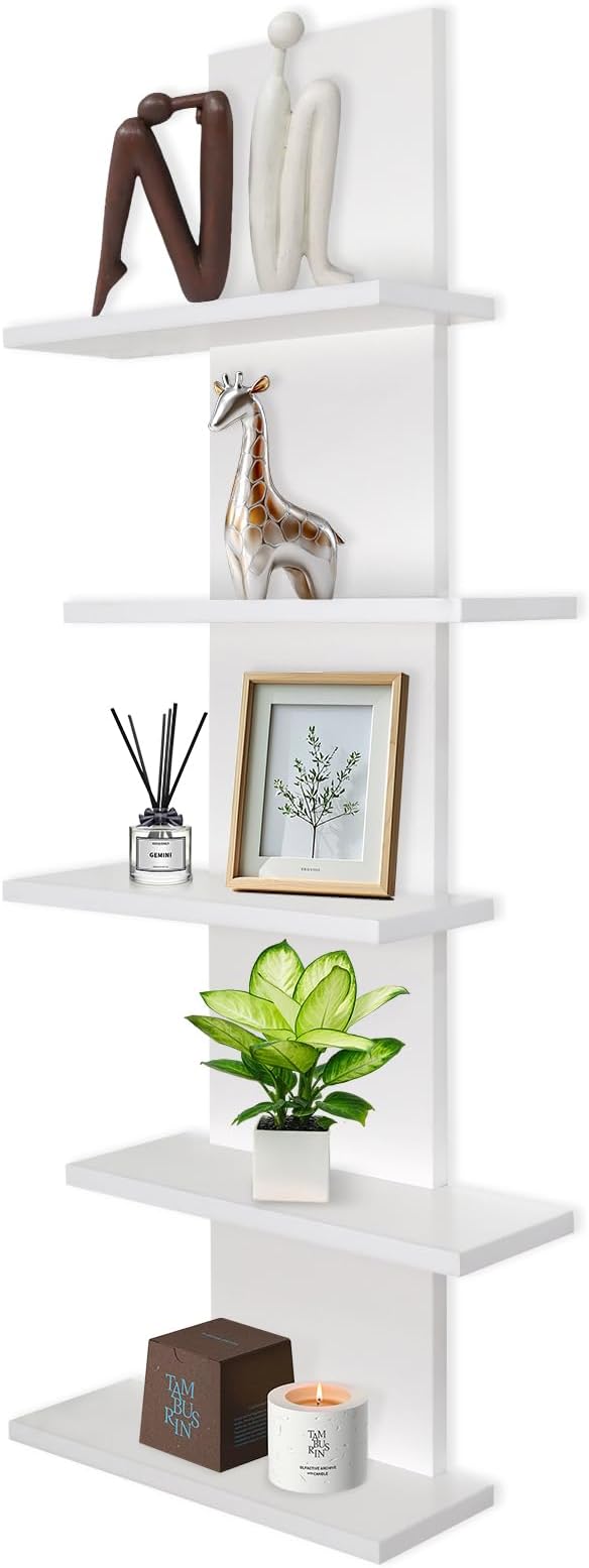 VIWODS 5 Tier Wall Shelf Unit-White Floating Shelves for Home Decor, Modern Unique Asymmetric Design for Bedroom & Living Room Storage