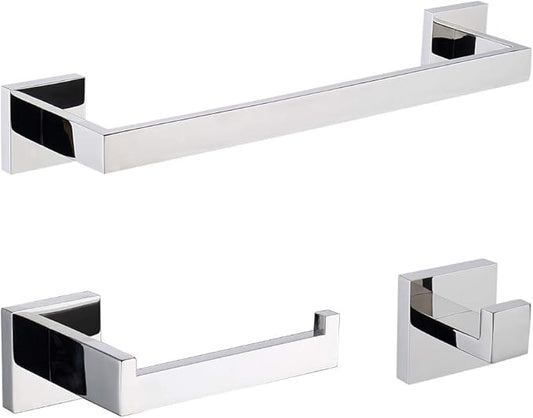 TASTOS 3-Piece Chrome Bathroom Hardware Accessory Set, Premium Stainless Steel Robe Hook Toilet Paper Holder 16-Inch Towel Bar Set Wall Mounted Square Style, Polished Finish (Silver)