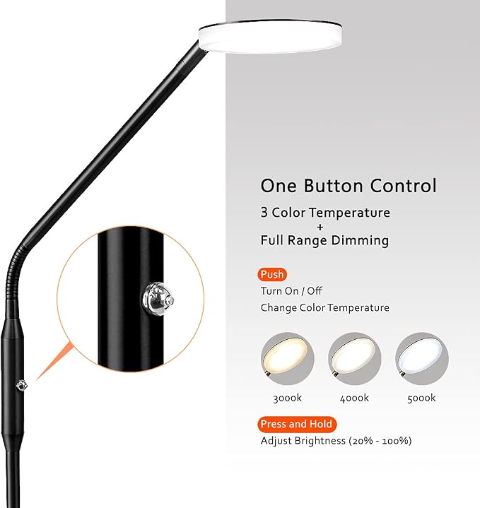 O’Bright Moon - Dimmable LED Floor Lamp, Adjustable Color Temperature for Bedside Reading, Work Light, Art/Crafting Light, Sewing, 360° Flexible Gooseneck, Rotatable Lighting, Black