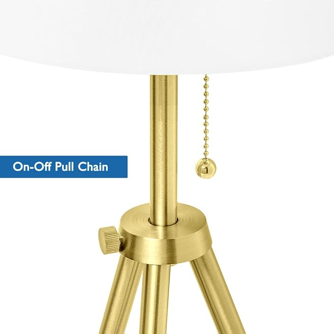 O’Bright Tripod Table Lamp, Adjustable in Height, 100% Metal Body with Linen Drum Shade, Bedside Lamp, Nightstand Lamp, Side Table Lamp for Living Room, Bedroom, Office, Antique Brass