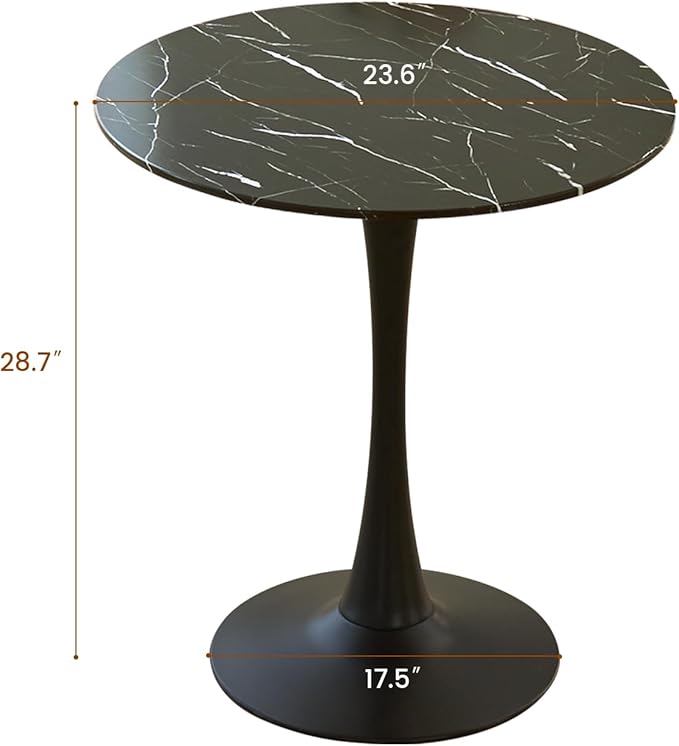 Round Dining Table, 24" Circle Tulip Table with Thickened Tabletop & Metal Pedestal, Mid Century Modern Bistro Table for Kitchen, Small Places, Living Room, Cafe (Marble Pattern Black)