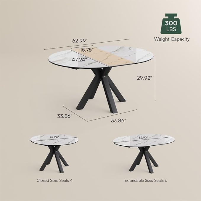 POVISON Modern Extendable Dining Table, 47" to 63" Round to Oval Sintered Stone Kitchen Table with Carbon Steel Pedestal Base for 4-6, White with Black(Table Only