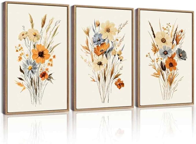 KUVIOKE Vintage Wildflower Bouquet Framed Wall Art Retro Flower Botanical Pictures Illustrations Colorful Floral Hanging Decor 16x24in (Natural Framed)