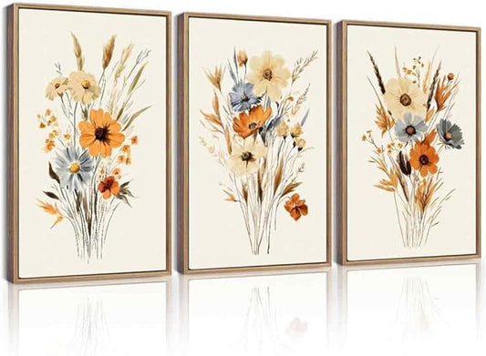 KUVIOKE Vintage Wildflower Bouquet Framed Wall Art Retro Flower Botanical Pictures Illustrations Colorful Floral Hanging Decor 16x24in (Natural Framed)