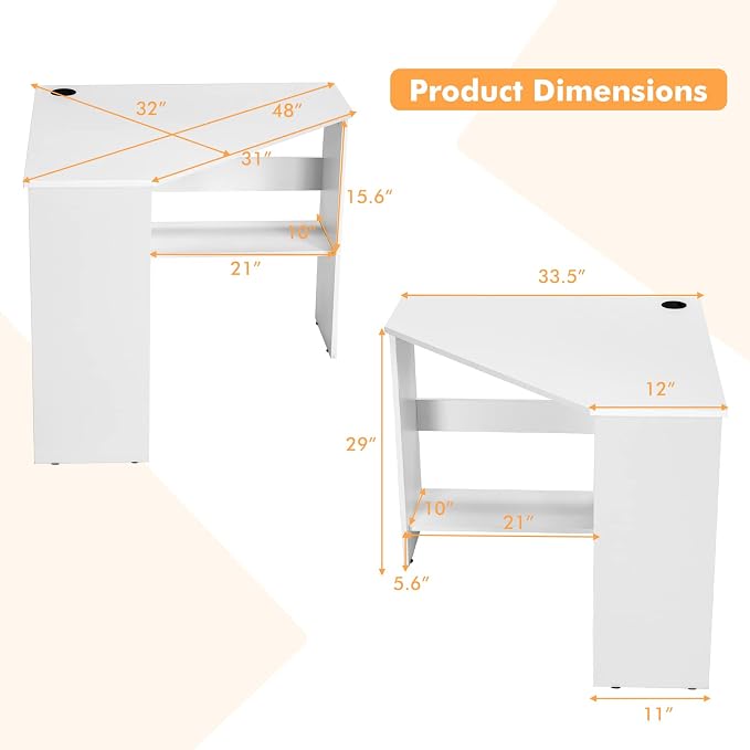 LDAILY Corner Desk, Space Saving 90 Degree Triangle Computer Desk with Storage Shelves & Cable Holes, Wood Compact Corner Writing Table for Small Spaces, Home Office, Bedroom & Living Room, White