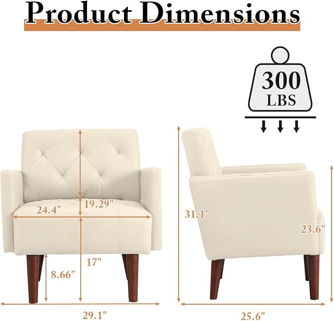 Faux Leather Accent Chair, Modern Retro Arm Chair for Living Room and Bedroom Tufted Upholstered Sofa Club Chair Comfy Armchair for Small Spaces Bedroom Office (Beige)