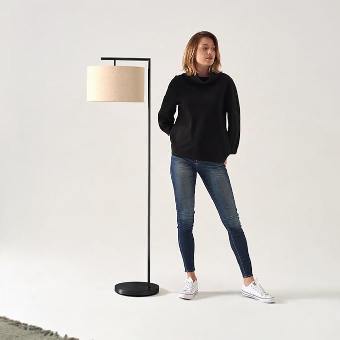 Brightech Montage Modern Floor Lamp - LED Standing Lamp with Tan Shade for Living Rooms & Offices - Bedroom Reading Light - Tall Corner Pole Lamp for Contemporary Home Decor - Black