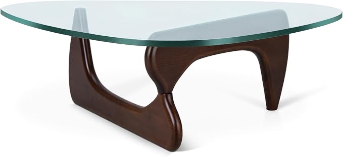 Modern Triangle Glass Coffee Table, Wood End Table with Solid Wood Base and Clear Glass Top, Center Table for Living Room and Patio