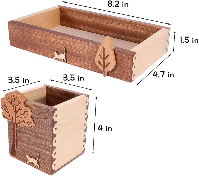 Wooden Desk Tray with Pen Holder Set Natural Wood Office Desk Pencil Pen Cup Holder Paper Clip Storage Sticky Note Holder Organizer Tray for Keys Pen Watch