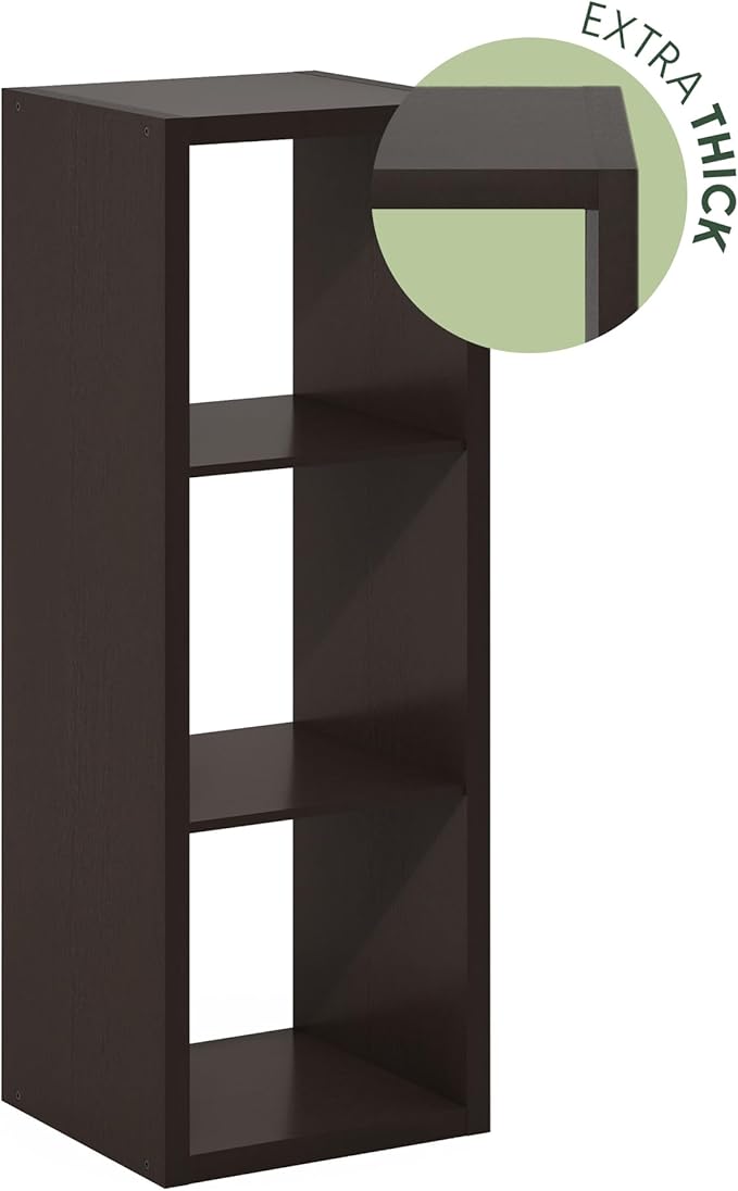 Furinno Cubicle Book Shelf, 3-Cube Bookshelf, Extra Thick Frame Horizontally & Vertically Reversible Bookcase with Open Back, 14.6" x 16" x 44", for Living Room, Bedroom, Home Office, Black Dark Oak