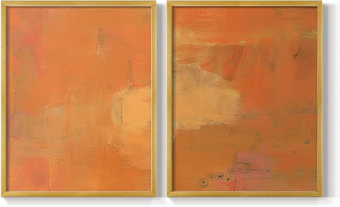 Renditions Gallery Set of 2 Peel & Stick Framed Prints, Abstract Wall Art, Rustic Fain Marking with Brush Strokes Wall Decor, Re-Stickable - Ready to Hang - 8"x10" - GOLD Frame LT588