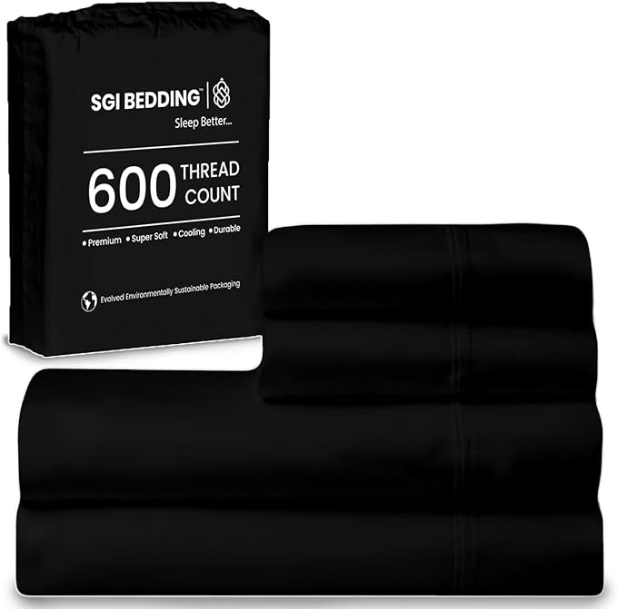 SGI bedding 100% Egyptian Cotton Sheets RV King Size – 600 Thread Count Sheets Set, Soft, Cooling, 15" Deep Pocket, Luxury Hotel Bedding, Breathable, Durable - Black