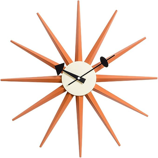 SHISEDECO Modern Sunburst Clock in Orange Color, Non Ticking Wooden Mid Century Retro Design Decorative Silent Wall Quartz Clocks for Home, Kitchen, Living Room, Office and Bedroom etc.