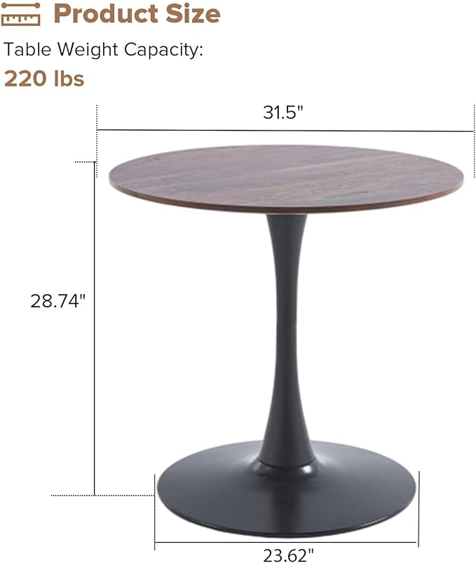 Round Dining Table,32 Inch Tulip Table with Wood Grain Top and Sturdy Metal Pedestal,Mid-Century Leisure Table for Small Space Kitchen Dining Room Living Room,20-Min Easy Assembly,Walnut