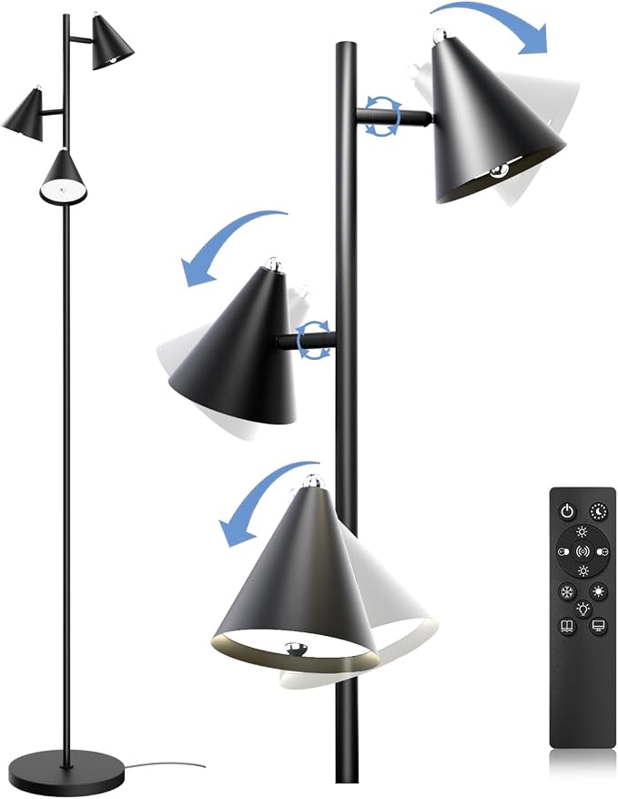 Black Floor Lamp with 3 Rotatable LED Lights，Magnetic Remote，5 Color Temp