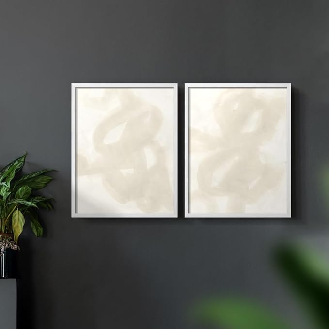 Renditions Gallery Set of 2 Peel & Stick Framed Prints, Abstract Wall Art, Beige and White Aesthetic Wall Decor, Re-Stickable - Ready to Hang - 16"x20" - White Frame LT588